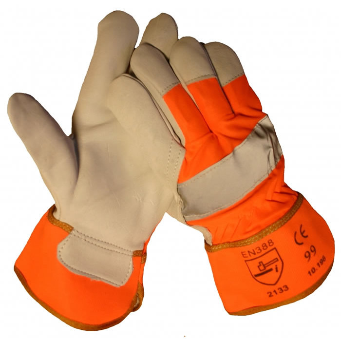 HSGH rund/boxlederen werkhandschoen met oranje fluorescerend doek en reflectiestreep 10196