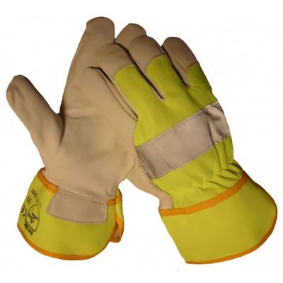 HSGH rund/boxlederen werkhandschoen met geel fluorescerend doek en reflectiestreep 10197